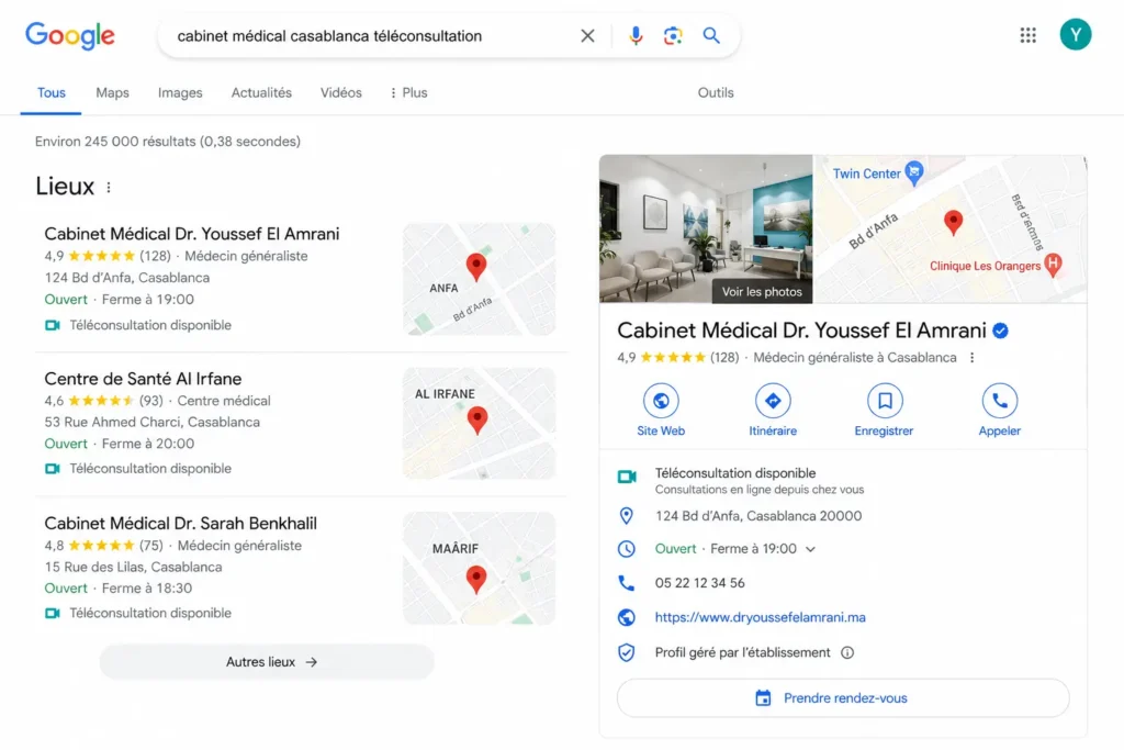 Résultat Google affichant la fiche Google Business Profile d’un cabinet médical à Casablanca avec option de téléconsultation, avis patients et prise de rendez-vous en ligne.