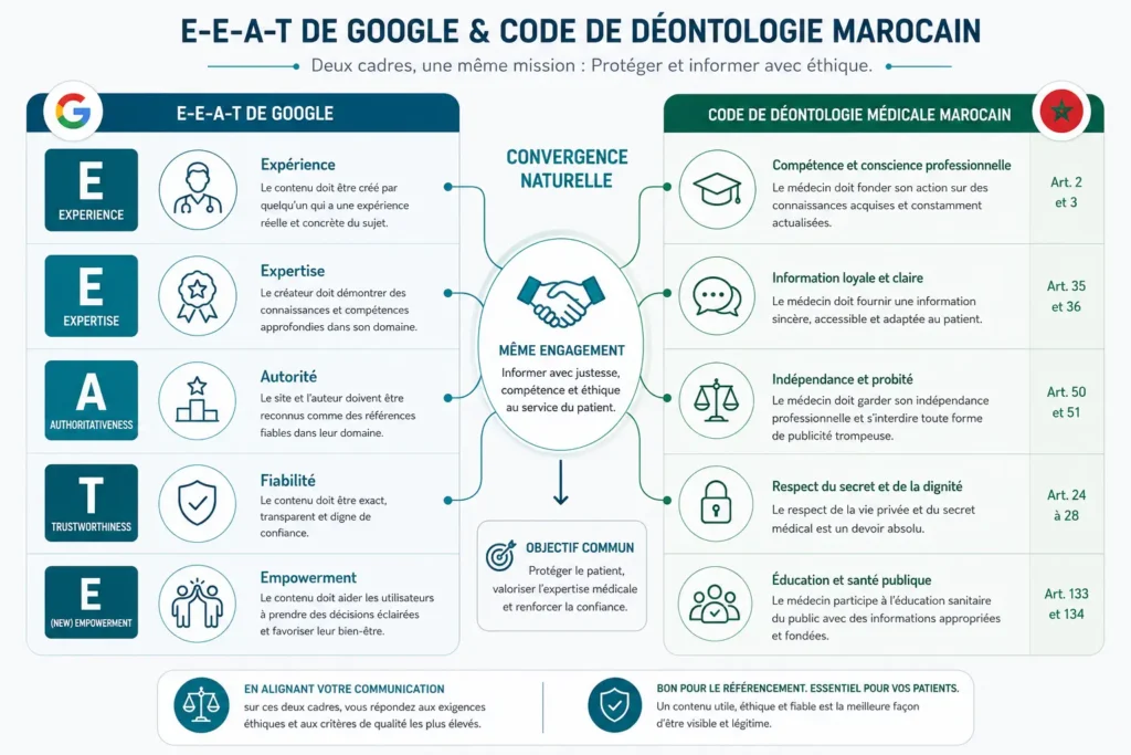 Infographie comparant les critères Google E-E-A-T et le Code de déontologie médicale marocain avec mise en parallèle des principes d’expertise, fiabilité, éthique et information du patient.