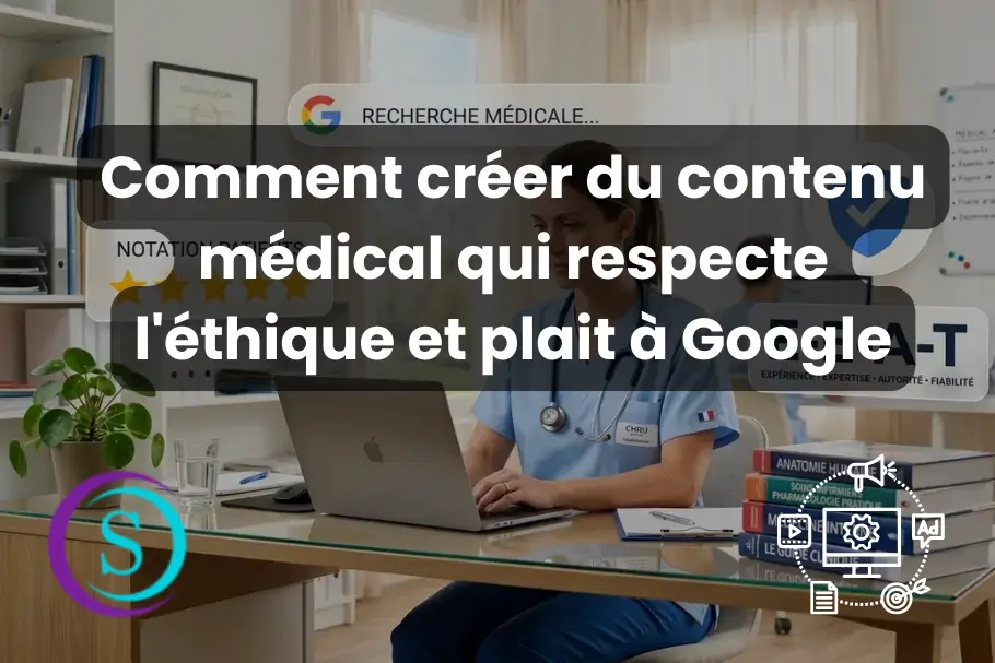 Professionnelle de santé travaillant sur ordinateur avec éléments visuels liés au référencement médical