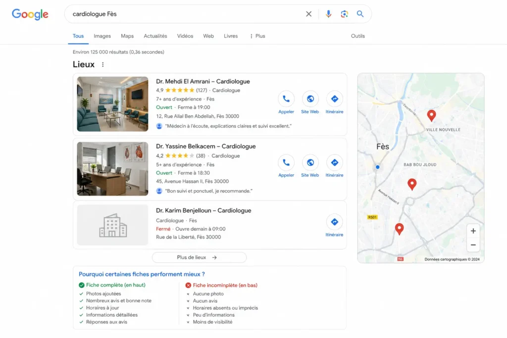 Capture d’écran simulée d’une recherche Google “cardiologue Fès” montrant trois fiches Google Business de cardiologues avec avis, photos, horaires et bouton itinéraire, dont une fiche complète et une fiche incomplète sans photos ni avis.