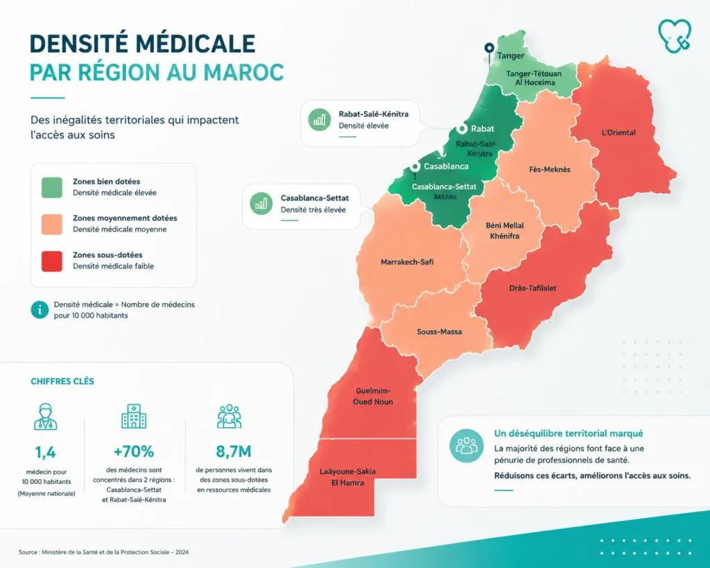 Carte du Maroc illustrant la densité médicale par région avec zones bien dotées et sous-dotées en professionnels de santé selon les données 2024.