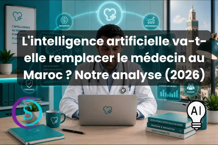 Médecin marocain utilisant une intelligence artificielle médicale sur ordinateur dans un cabinet moderne au Maroc en 2026