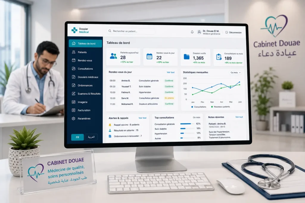 Interface de logiciel de gestion de cabinet médical bilingue français arabe affichant tableau de bord, rendez-vous patients et dossiers médicaux dans un cabinet au Maroc.