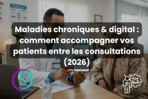 Médecin utilisant un outil digital pour accompagner une patiente atteinte de maladie chronique entre les consultations, illustration de la santé numérique et du suivi médical connecté au Maroc.