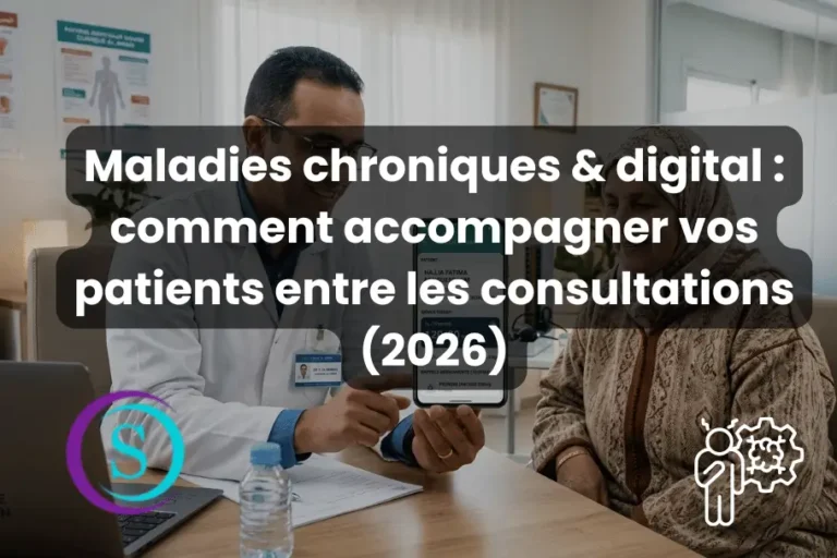 Médecin utilisant un outil digital pour accompagner une patiente atteinte de maladie chronique entre les consultations, illustration de la santé numérique et du suivi médical connecté au Maroc.