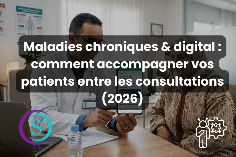 Médecin utilisant un outil digital pour accompagner une patiente atteinte de maladie chronique entre les consultations, illustration de la santé numérique et du suivi médical connecté au Maroc.