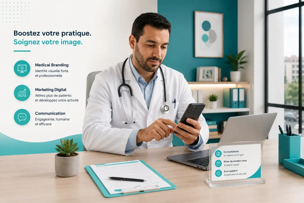 Médecin marocain utilisant son smartphone dans un cabinet moderne avec éléments de branding médical et marketing digital pour développer son activité.