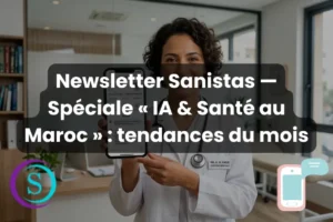 Une femme médecin marocaine souriante dans son cabinet, présentant son profil Google Business sur un smartphone.