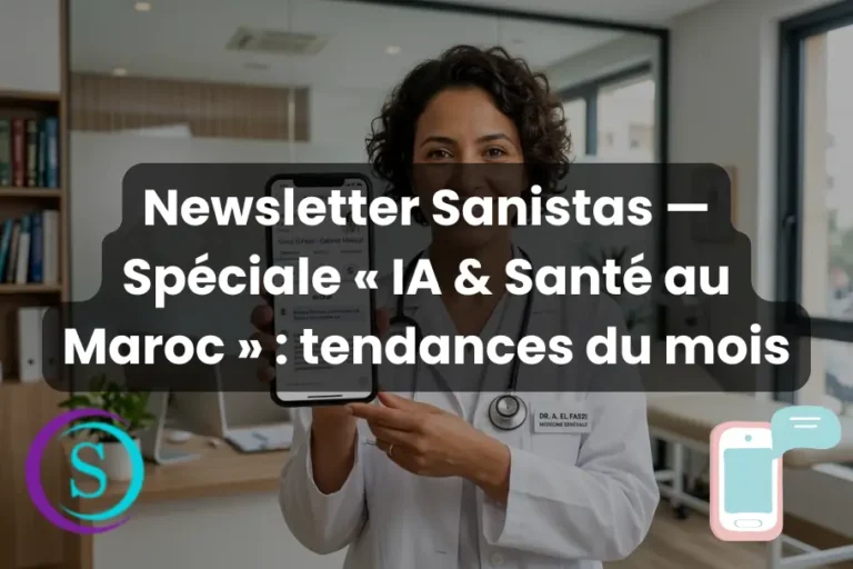 Une femme médecin marocaine souriante dans son cabinet, présentant son profil Google Business sur un smartphone.