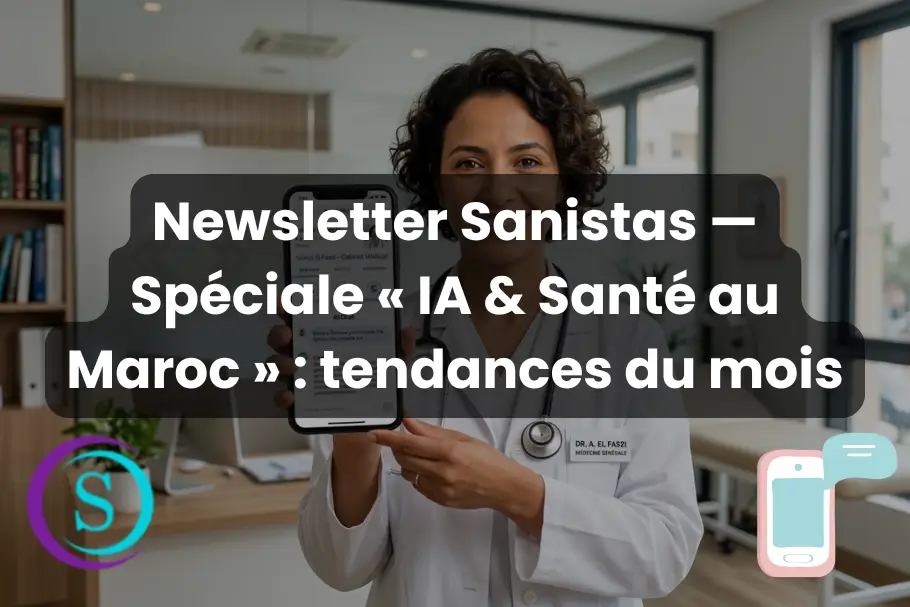 Une femme médecin marocaine souriante dans son cabinet, présentant son profil Google Business sur un smartphone.