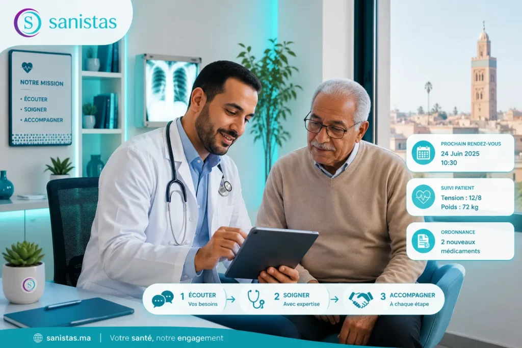 Médecin utilisant une tablette avec un patient senior dans un cabinet médical moderne au Maroc, avec interface de suivi patient et identité visuelle Sanistas.