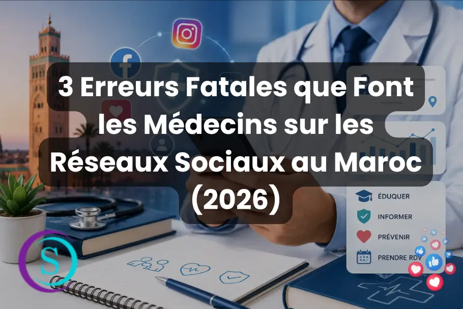 Médecin marocain utilisant les réseaux sociaux sur smartphone avec éléments de communication médicale digitale et marketing médical au Maroc.