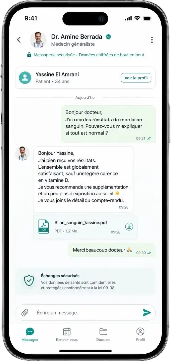 Interface mobile de messagerie médicale sécurisée entre un médecin généraliste et un patient avec échange de résultats médicaux et documents de santé.