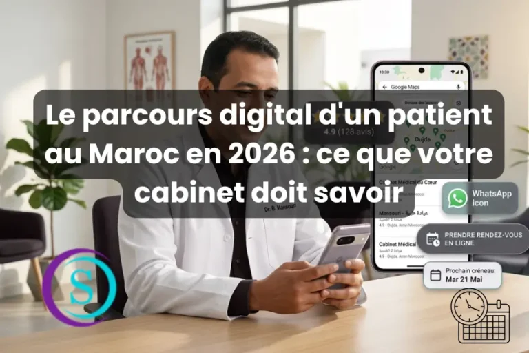 Médecin marocain utilisant un smartphone avec interfaces Google Maps, WhatsApp et prise de rendez-vous en ligne illustrant le parcours digital du patient au Maroc en 2026.