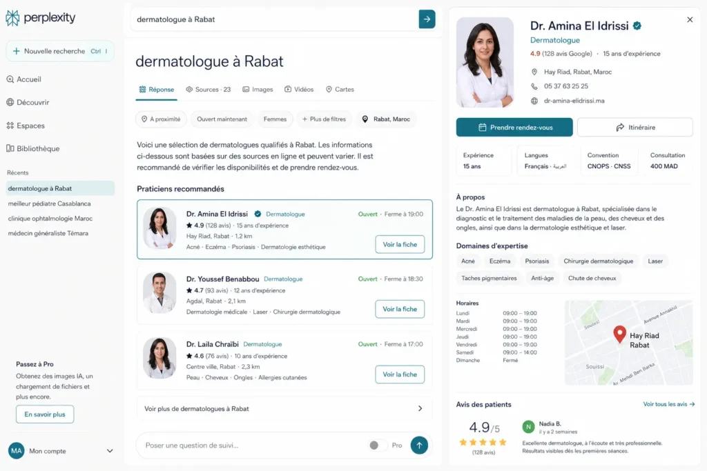 Capture d’écran Perplexity montrant une recherche de dermatologue à Rabat avec profils médicaux, avis patients, carte et informations de consultation au Maroc.