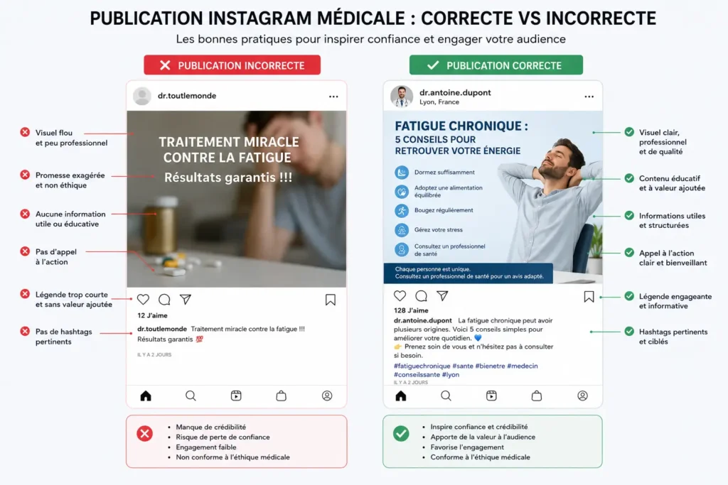 Comparaison entre une publication Instagram médicale incorrecte avec promesses exagérées et une publication correcte avec contenu éducatif, visuel professionnel et appel à l’action clair, médecin réseaux sociaux Maroc