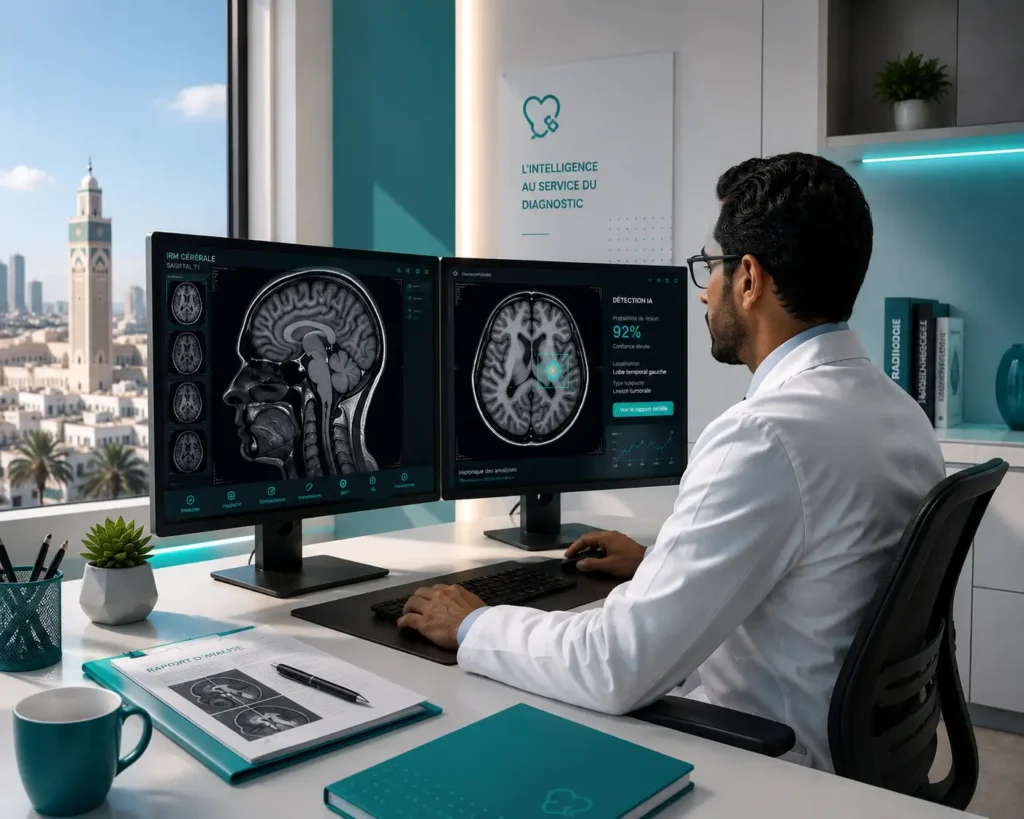 Radiologue marocain analysant des IRM cérébrales sur double écran avec intelligence artificielle dans un cabinet médical moderne à Casablanca.