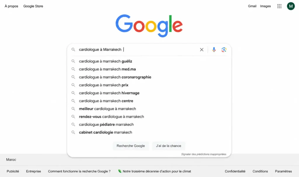 Suggestions Google pour la recherche de cardiologue à Marrakech au Maroc