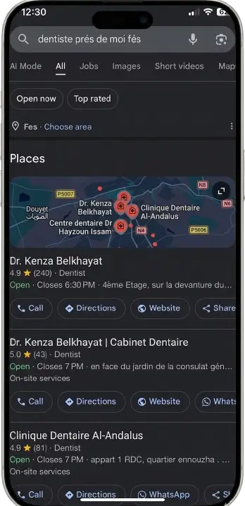 Recherche dentiste près de chez moi. Fès résultats Google Maps cabinets dentaires visibilité locale