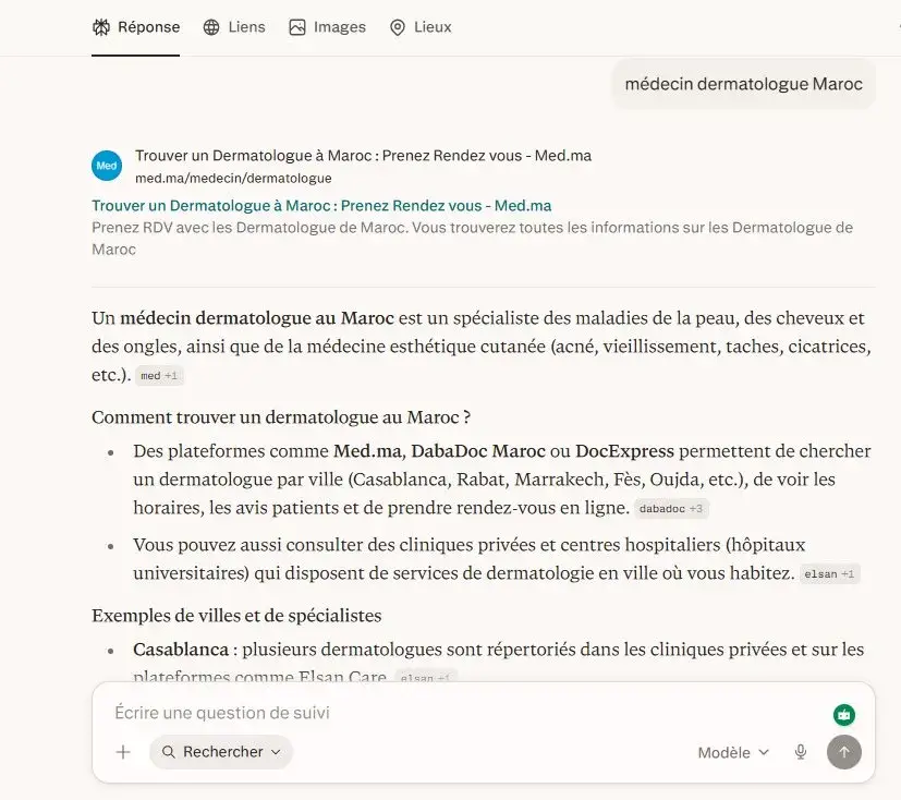 Résultats de recherche Google pour “médecin dermatologue Maroc” avec suggestions de plateformes et informations SEO