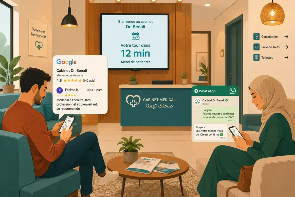 Illustration d’une salle d’attente moderne de cabinet médical marocain avec deux patients sur leur téléphone : l’un consulte les avis Google du médecin, l’autre échange sur WhatsApp, tandis qu’un écran affiche le temps d’attente restant.