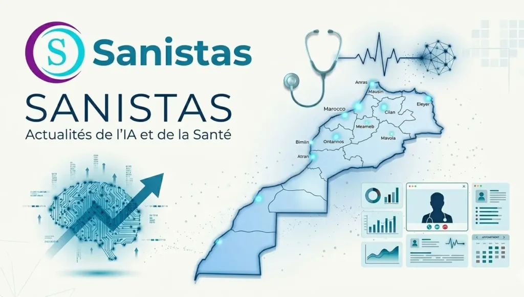 Illustration Sanistas sur l’intelligence artificielle et la santé au Maroc avec carte du Maroc, données médicales numériques et tableau de bord e-santé.