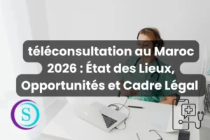 Image de couverture sur la téléconsultation au Maroc en 2026 montrant une professionnelle de santé en consultation à distance avec ordinateur portable et éléments graphiques médicaux Sanistas.