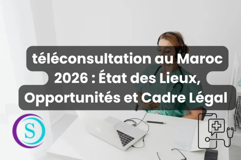 Image de couverture sur la téléconsultation au Maroc en 2026 montrant une professionnelle de santé en consultation à distance avec ordinateur portable et éléments graphiques médicaux Sanistas.