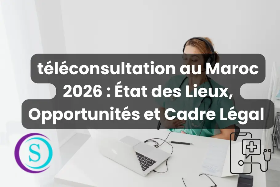 Image de couverture sur la téléconsultation au Maroc en 2026 montrant une professionnelle de santé en consultation à distance avec ordinateur portable et éléments graphiques médicaux Sanistas.