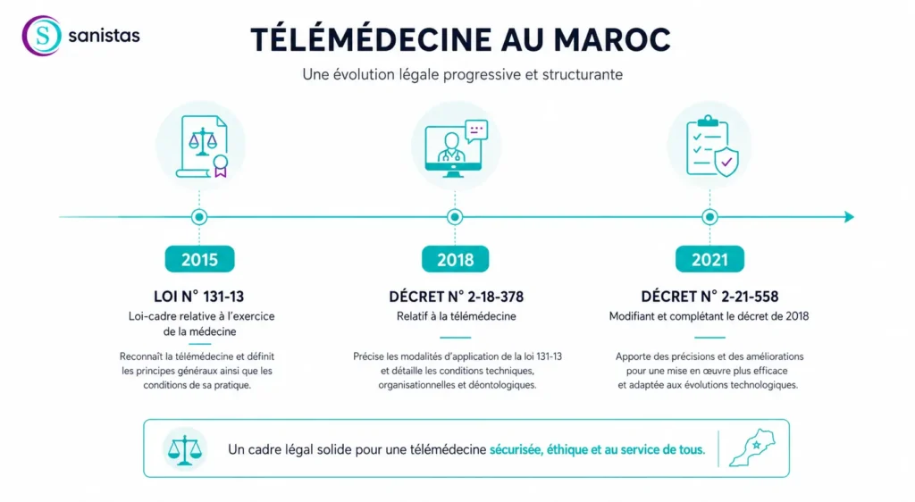 Infographie sur l'évolution du cadre légal santé numérique au Maroc : 2015-2021, avec les lois et décrets encadrant la pratique médicale à distance.