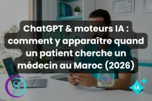 Médecin marocain en tenue turquoise consultant son smartphone — GEO santé et visibilité ChatGPT médecin Maroc 2026