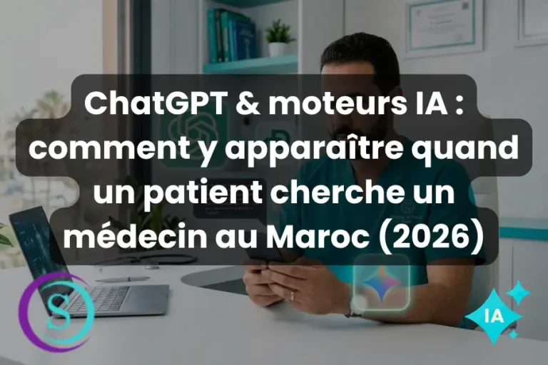 Médecin marocain en tenue turquoise consultant son smartphone — GEO santé et visibilité ChatGPT médecin Maroc 2026