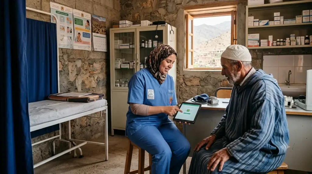 Consultation numérique dans un dispensaire rural au Maroc où un agent de santé utilise une tablette pour accompagner un patient âgé dans une commune montagneuse de l’Atlas.