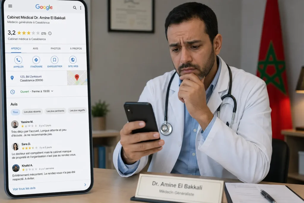 Médecin à Casablanca consultant des avis Google négatifs sur son smartphone, illustration de la gestion de l’e-réputation médicale et de l’impact des avis patients sur la visibilité d’un cabinet médical.