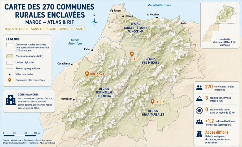 Carte des 270 communes rurales enclavées du Maroc dans les régions de l’Atlas et du Rif sans accès aux services de santé de proximité.