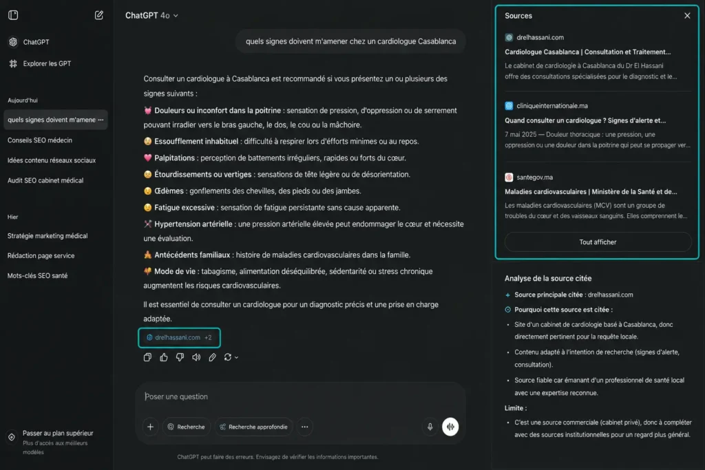Test ChatGPT-4o sur la requête cardiologue Casablanca — analyse des sources citées dans le cadre du marketing médical Maroc 2026