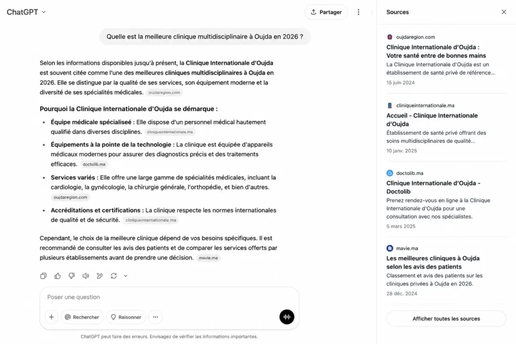 Réponse ChatGPT à la question "quelle est la meilleure clinique multidisciplinaire à Oujda en 2026" — visibilité GEO des cliniques privées Maroc