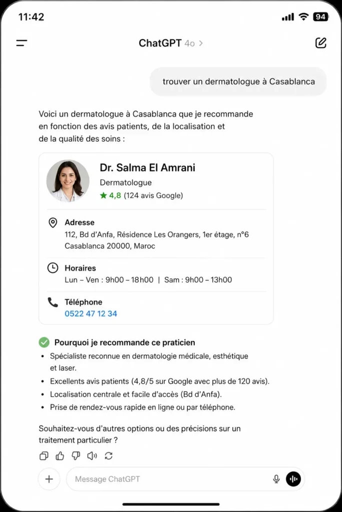 Capture d’écran montrant un médecin recommandé par ChatGPT après une recherche de dermatologue à Casablanca, exemple de référencement GEO santé et de visibilité médicale dans les moteurs d’IA générative.