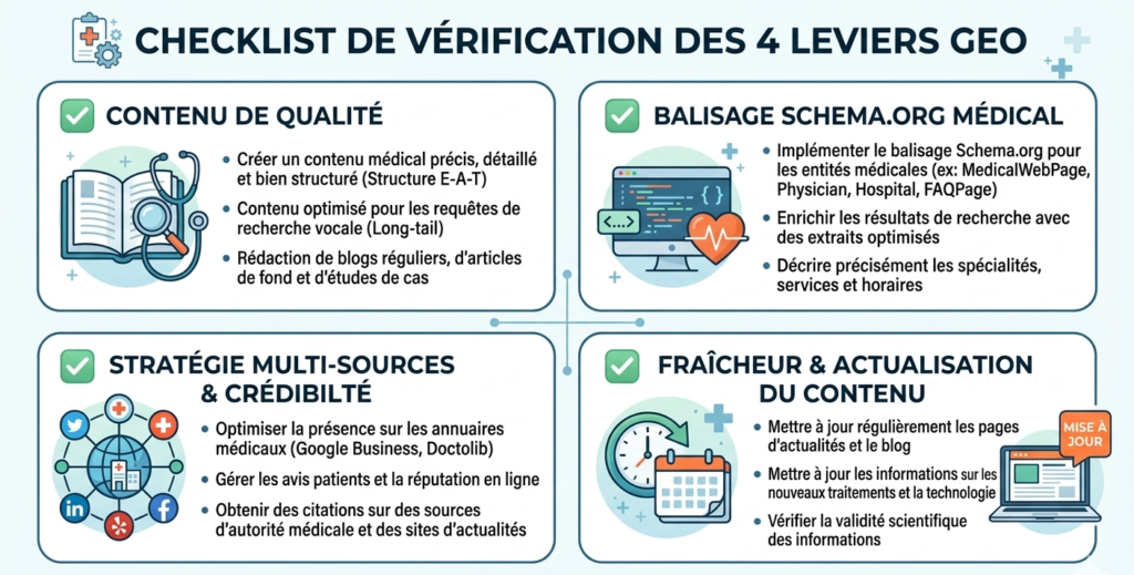 Checklist des quatre leviers GEO pour améliorer la visibilité d’un médecin dans les résultats générés par l’IA.