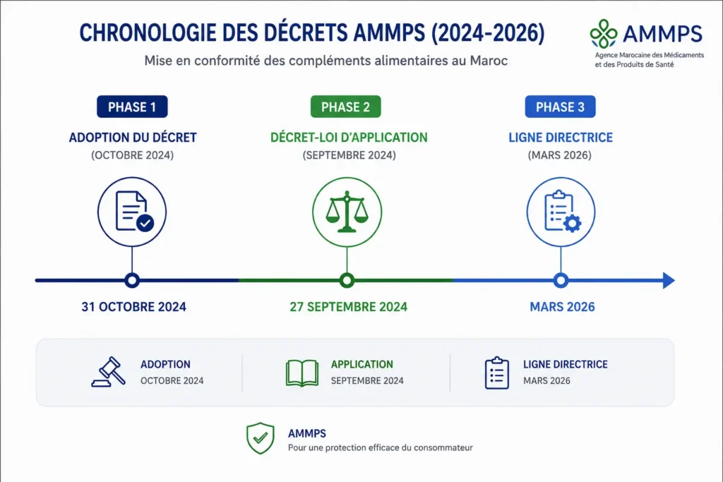 Chronologie simplifiée des décrets AMMPS au Maroc entre 2024 et 2026, présentant trois étapes clés : adoption du décret en octobre 2024, décret-loi d'application en septembre 2024 et ligne directrice publiée en mars 2026.