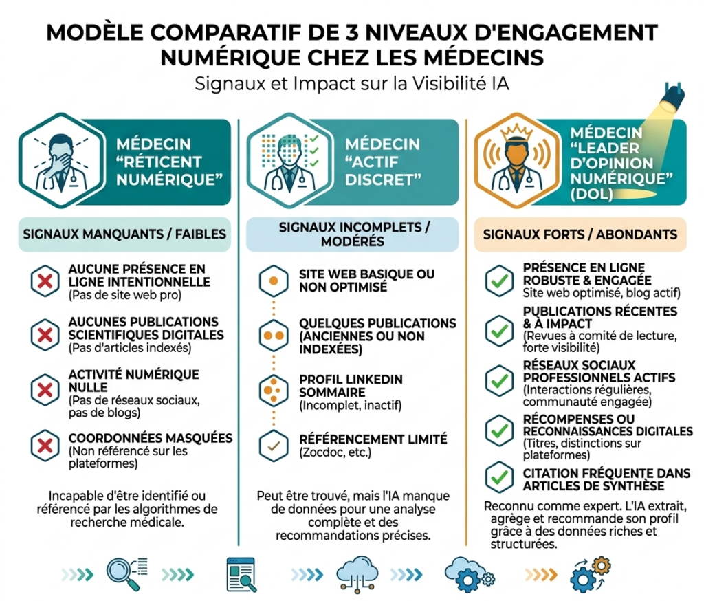 Comparatif des signaux numériques qui rendent un médecin invisible, visible ou cité par les IA
