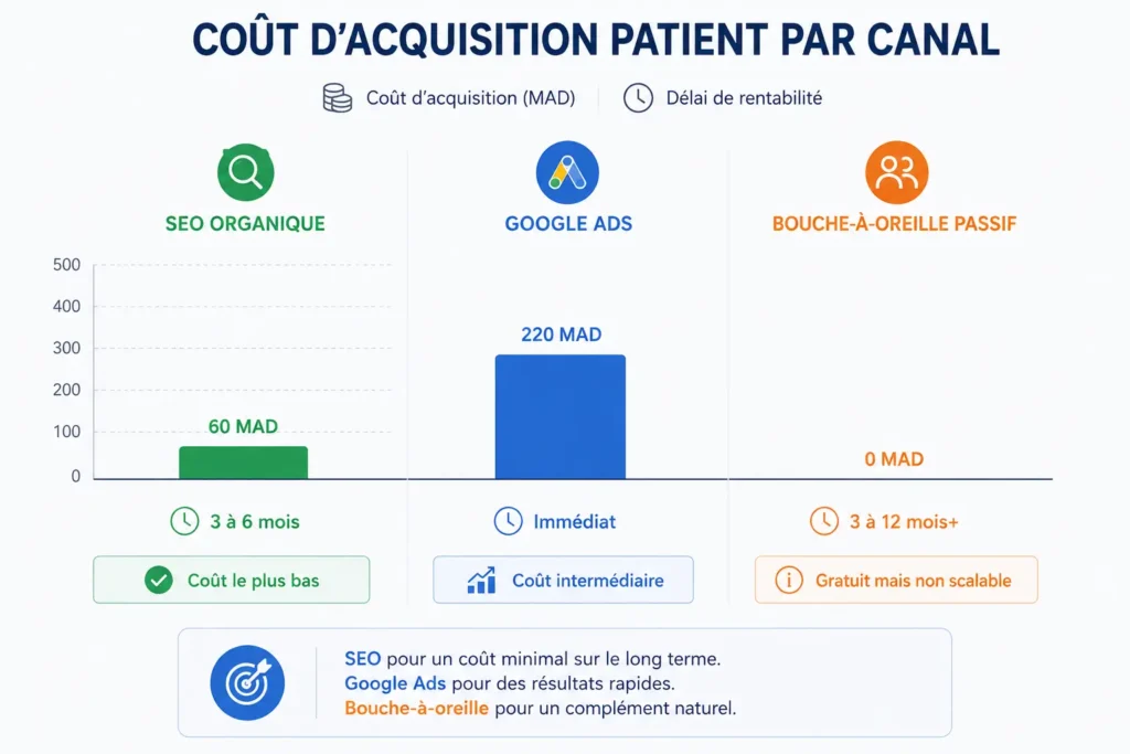 Graphique comparant le coût d’acquisition d’un patient via le SEO organique, Google Ads et le bouche-à-oreille pour un cabinet médical.