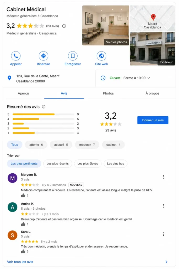 Page Google Business Profile d’un cabinet médical à Casablanca affichant une note de 3,2 étoiles et des avis patients, illustration de la réputation en ligne et de la gestion des avis Google pour les médecins.