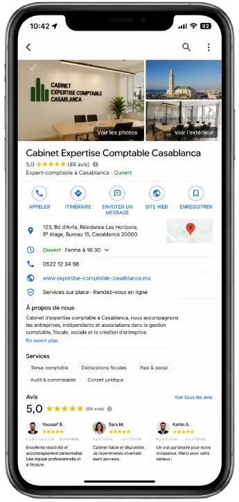 Profil Google Business d'un cabinet d'expertise comptable à Casablanca affiché sur un smartphone avec avis clients, coordonnées et services.