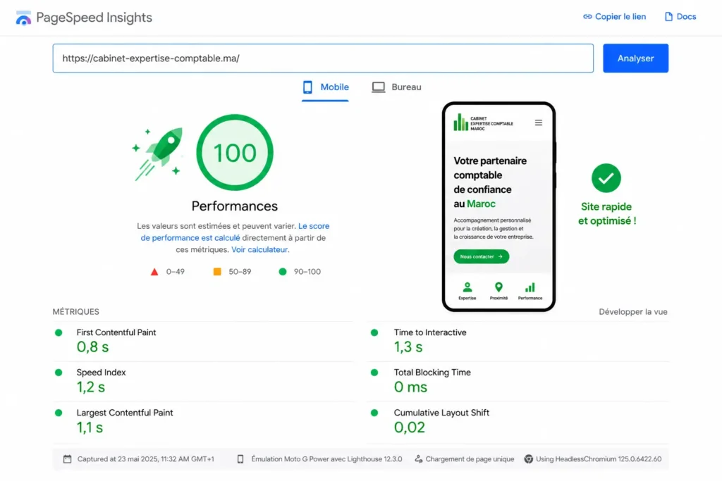 Résultat Google PageSpeed Insights — audit marketing clinique : score de performance 100 pour un cabinet médical au Maroc.