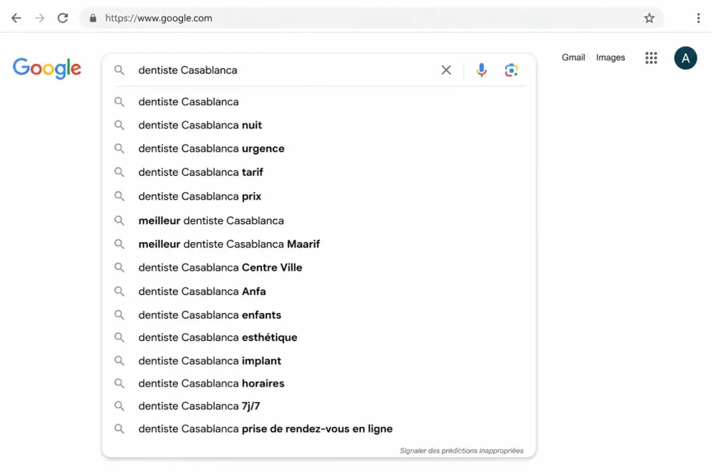 Google Suggest révèle les requêtes longue traîne recherchées par les patients, un levier essentiel du marketing digital clinique Maroc.