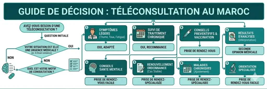 Schéma décisionnel indiquant les situations où la téléconsultation est adaptée au Maroc, incluant symptômes légers, suivi de traitement, santé mentale, renouvellement d’ordonnance et orientation spécialisée.