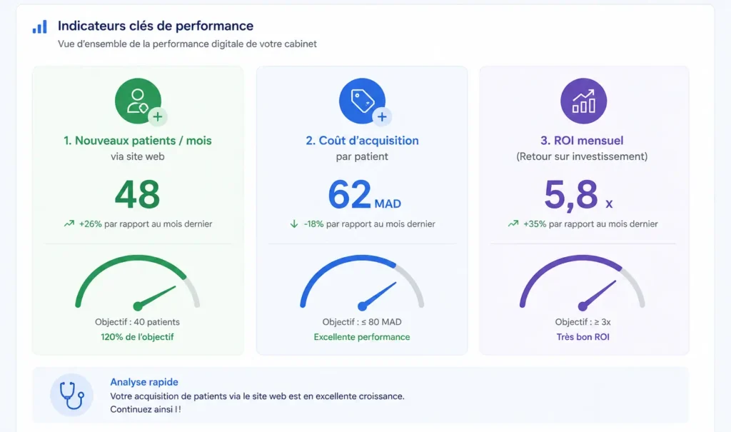 Tableau de bord présentant les indicateurs clés d’un cabinet médical : nouveaux patients mensuels, coût d’acquisition par patient et retour sur investissement.