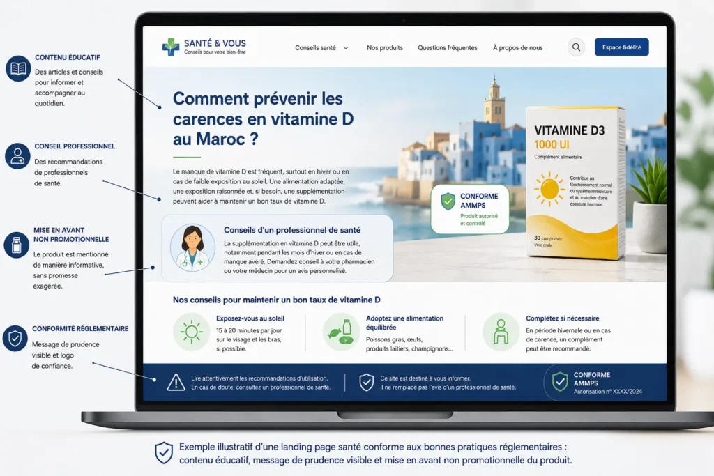 Exemple de landing page OTC conforme aux recommandations de l’AMMPS au Maroc, affichée sur un ordinateur portable, avec contenu éducatif sur la vitamine D, conseil professionnel de santé, logo de conformité réglementaire et message de prudence visible en bas de page.