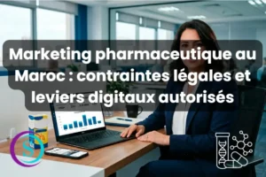 Marketing pharmaceutique au Maroc : illustration d’une responsable marketing analysant des performances digitales dans un environnement professionnel, avec référence aux réglementations et aux stratégies numériques autorisées pour les laboratoires pharmaceutiques.